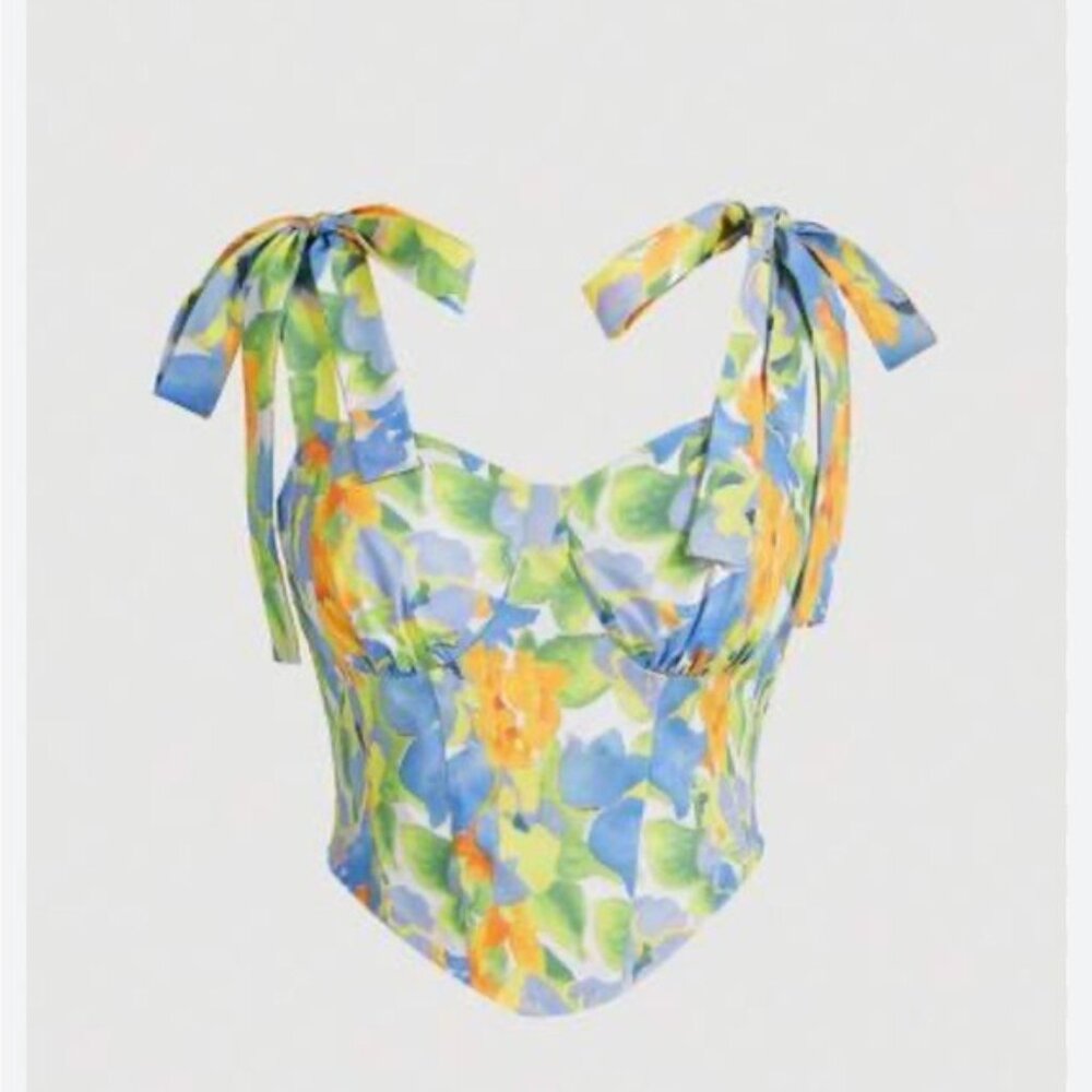 Floral Tie Strap Crop Top XS Y2K Tropical Coquette Summercore Cottagecore Vibes